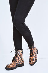 Leopard Patent Lace Up Biker Boots - Tabea