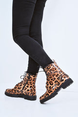 Leopard Patent Lace Up Biker Boots - Tabea