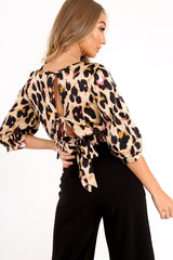 Leopard Satin Balloon Sleeve Tie Back Blouse - Dallyn
