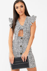 White Leopard Print Tie Button Front Bodycon Dress - Aaira