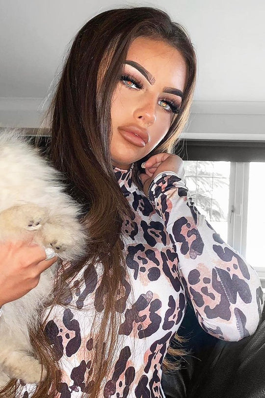 Nude Leopard Print Slinky High Neck Bodysuit - Abira