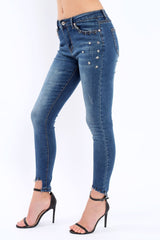 Blue Denim Stud And Eyelet Ring Dip Hem Skinny Jeans - Lesha