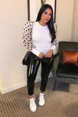 White Polka Dot Puff Sleeve Ribbed Top - Irisa