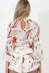 White Floral High Neck Bell Sleeve Blouse - Lexi