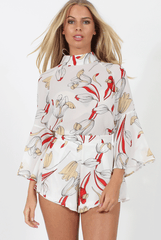 White Floral High Neck Bell Sleeve Blouse - Lexi