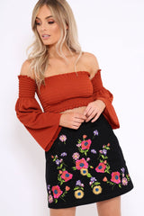 Black Floral Embroidered Skirt - Lexie
