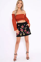 Black Floral Embroidered Skirt - Lexie