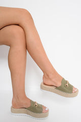 Olive Woven Platform Slip On Sandals - Liara