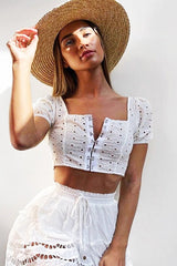 White Floral Hook And Eye Puff Sleeve Crop Top - Libbie