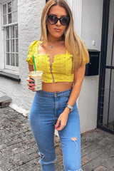 Yellow Floral Hook And Eye Puff Sleeve Crop Top - Libbie