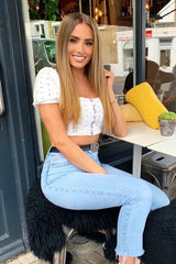 White Floral Hook And Eye Puff Sleeve Crop Top - Libbie