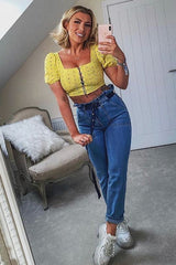 Yellow Floral Hook And Eye Puff Sleeve Crop Top - Libbie
