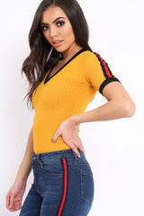 Mustard Ribbed Bodysuit with Contrast Trim - Libi