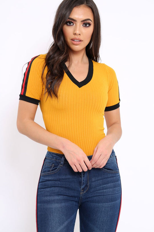Mustard Ribbed Bodysuit with Contrast Trim - Libi