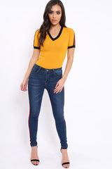 Mustard Ribbed Bodysuit with Contrast Trim - Libi