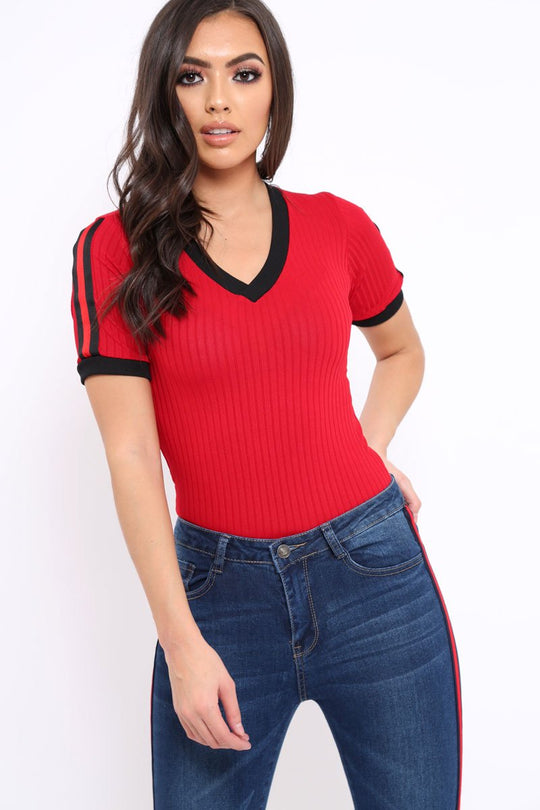 Red Ribbed Bodysuit with Contrast Trim - Libi