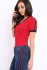 Red Ribbed Bodysuit with Contrast Trim - Libi
