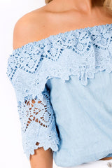 Light Denim Bardot Crochet Top - Carley