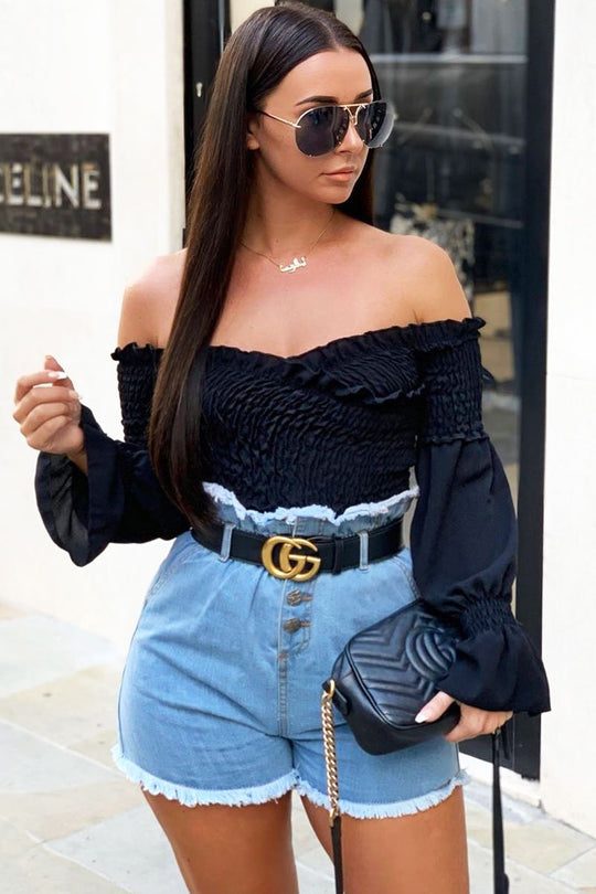 Light Denim High Waist Frilled Hem Paperbag Shorts - Raivyn