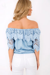 Light Denim Bardot Crochet Top - Carley