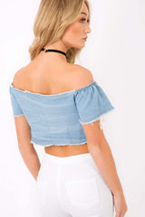 Light Denim Bardot Lace Up Crop Top - Rochella