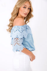 Light Denim Bardot Crochet Top - Carley