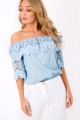 Light Denim Bardot Crochet Top - Carley