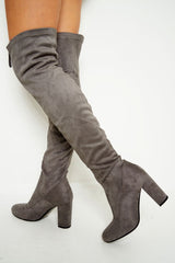 Grey Faux Suede Zip Front Over The Knee Boots - Vienna