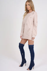 Light Pink Distressed Detail Sweatshirt Jumper Dress - Ivy
