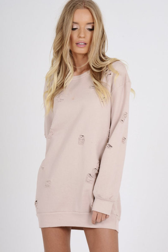 Light Pink Distressed Detail Sweatshirt Jumper Dress - Ivy
