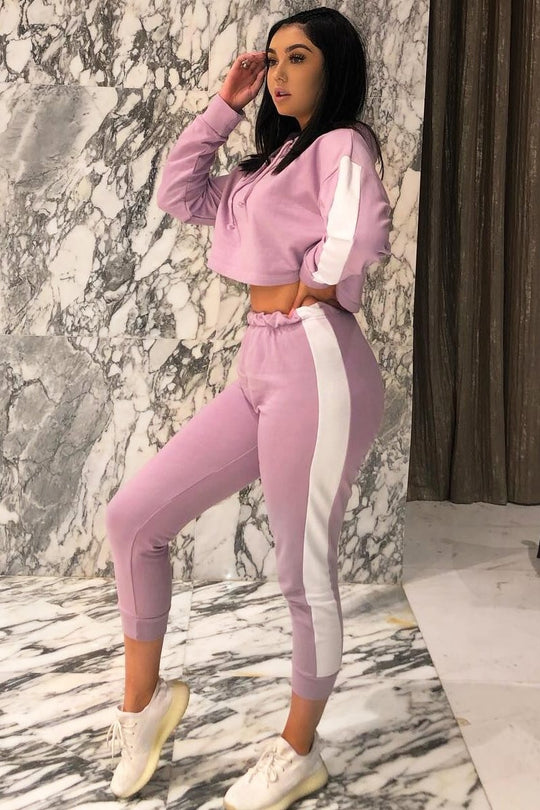 Lilac Side Stripe Cropped Hoodie and Jogger Set - Darshi