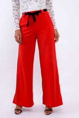 Red High Waist Flare Trousers with Black Sash Belt - Lila