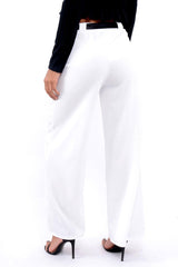 White High Waist Flare Trousers with Black Sash Belt - Lila