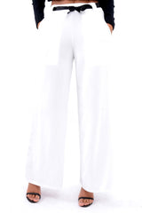 White High Waist Flare Trousers with Black Sash Belt - Lila