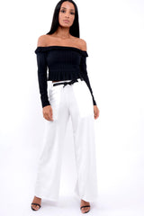 Black Ruffle Hem Ribbed Bardot Crop Top - Kaitlyn
