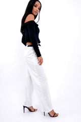 White High Waist Flare Trousers with Black Sash Belt - Lila