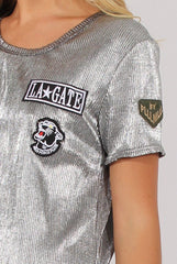 Silver Metallic Pleated Badge Tee Dress - Lili
