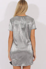 Silver Metallic Pleated Badge Tee Dress - Lili