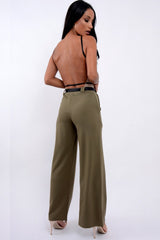 Khaki High Waist Flare Trousers with Black Sash Belt - Lila