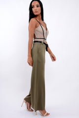 Khaki High Waist Flare Trousers with Black Sash Belt - Lila
