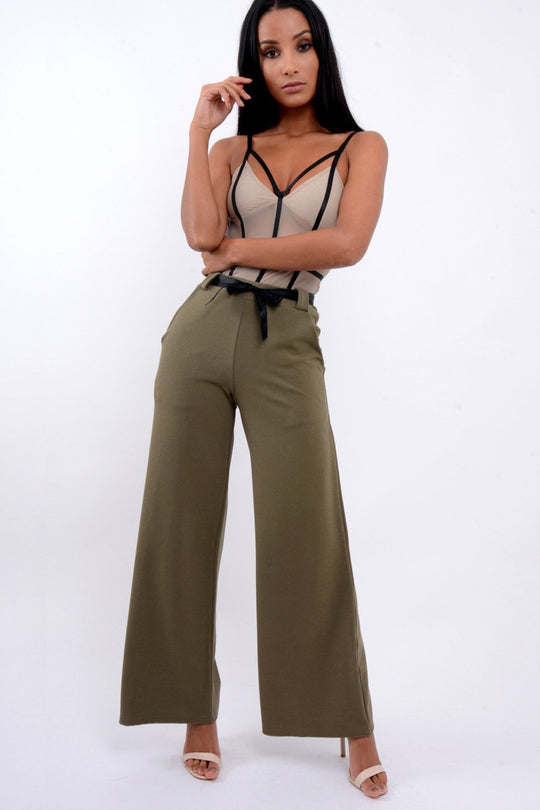 Khaki High Waist Flare Trousers with Black Sash Belt - Lila