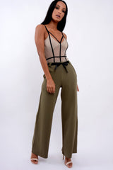 Khaki High Waist Flare Trousers with Black Sash Belt - Lila