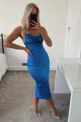 Dark Blue Satin Cowl Neck Midi Bodycon Dress - Liliana