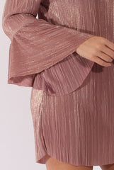 Mauve Metallic Bardot Pleated Bell Sleeves Dress - Lilja