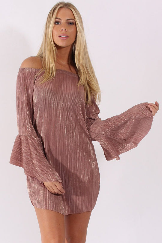 Mauve Metallic Bardot Pleated Bell Sleeves Dress - Lilja