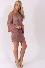 Mauve Metallic Bardot Pleated Bell Sleeves Dress - Lilja
