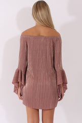 Mauve Metallic Bardot Pleated Bell Sleeves Dress - Lilja