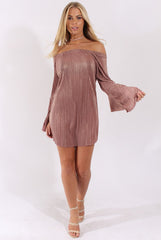 Mauve Metallic Bardot Pleated Bell Sleeves Dress - Lilja