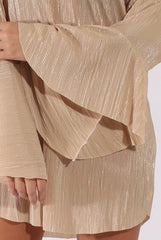 Champagne Metallic Bardot Pleated Bell Sleeves Dress - Lilja