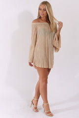 Champagne Metallic Bardot Pleated Bell Sleeves Dress - Lilja
